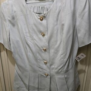 Elegant Light Green Blazer and Skirt with Gold Buttons